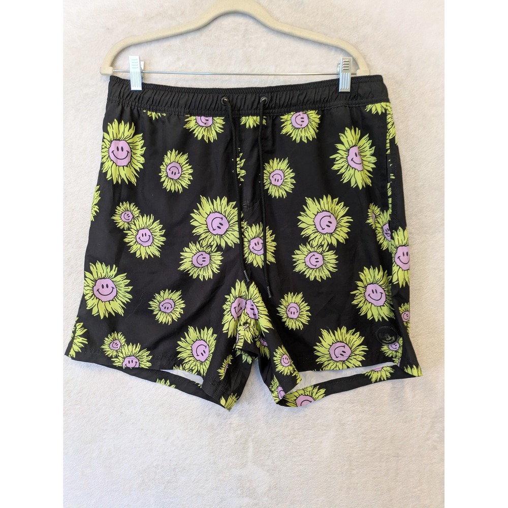 Neff Swim Trunks Men's XL Black Sunflower Smiley Face Board‎ Shorts Drawstring